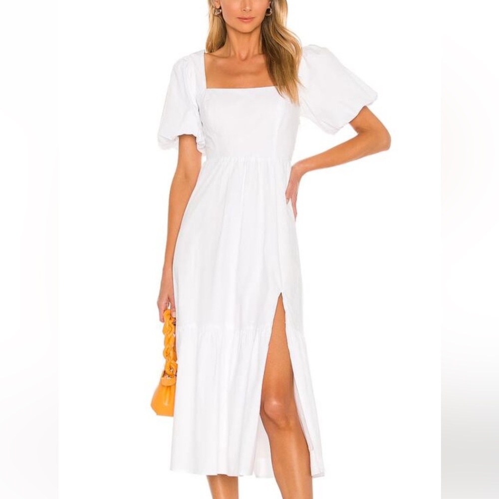 Astr White 100% Cotton Midi Dress with Puff Sleeves